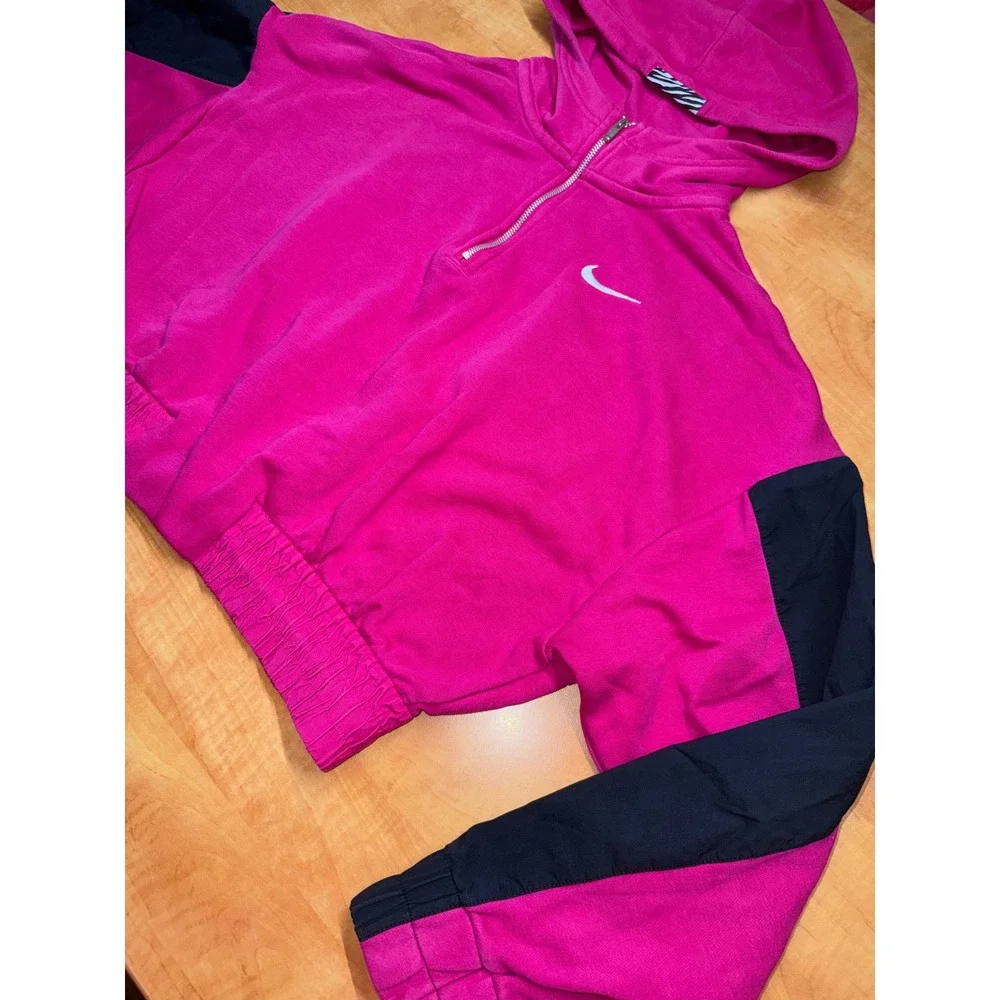 Nike Womens Quarter Zip Cropped Hoodie‎ Pink Black Swoosh Fleece Small